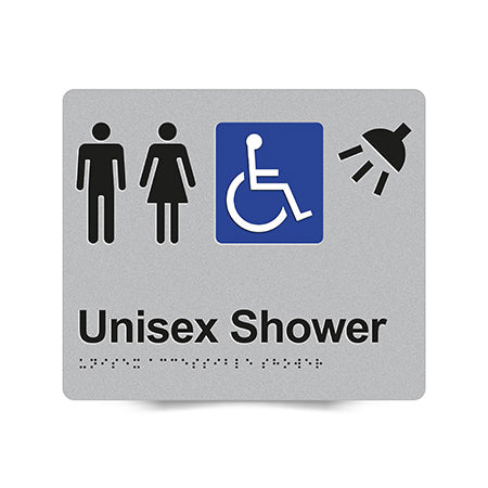 Braille Sign, Unisex Wheelchair Accessible Shower, 210 x 180mm, Silver/Black PVC