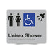 Braille Sign, Unisex Wheelchair Accessible Shower, 210 x 180mm, Silver/Black PVC