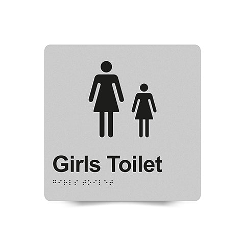 Braille Sign, Girls Toilet, 180 x 180mm, Silver/Black PVC