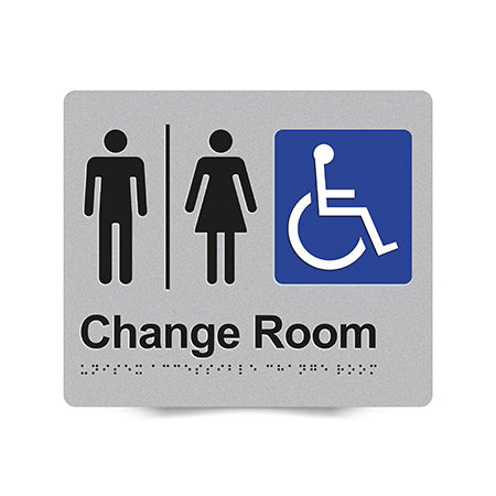 Braille Sign, Unisex Wheelchair Accessible Change Room, 210 x 180mm, Silver/Black PVC