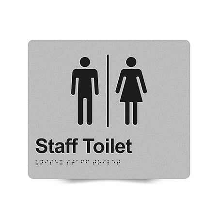 Braille Sign, Unisex Staff Toilet, 210 x 180mm, Silver/Black PVC