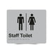 Braille Sign, Unisex Staff Toilet, 210 x 180mm, Silver/Black PVC