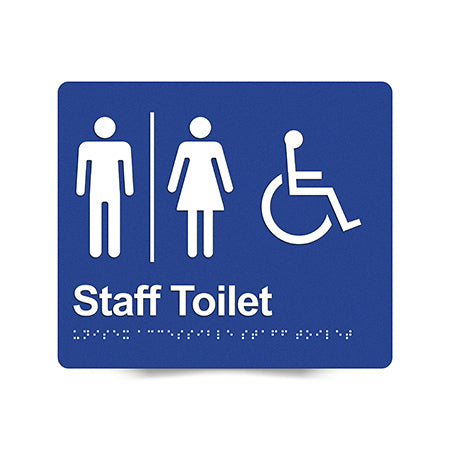 Braille Sign, Unisex Wheelchair Accessible Staff Toilet, 210 x 180mm, Blue/White PVC