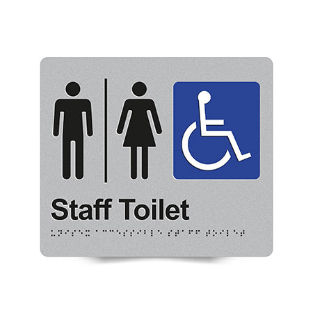 Braille Sign, Unisex Wheelchair Accessible Staff Toilet, 210 x 180mm, Silver/Black PVC