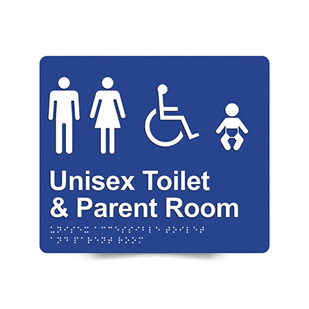 Braille Sign, Unisex Wheelchair Accessible Toilet & Parent Room, 210 x 180mm, Blue/White PVC