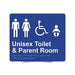 Braille Sign, Unisex Wheelchair Accessible Toilet & Parent Room, 210 x 180mm, Blue/White PVC