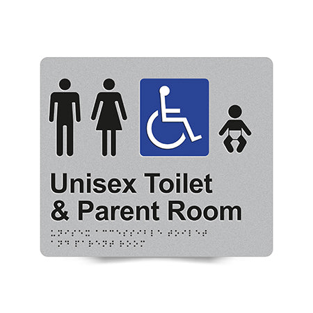 Braille Sign, Unisex Wheelchair Accessible Toilet & Parent Room, 210 x 180mm, Silver/Black PVC