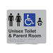 Braille Sign, Unisex Wheelchair Accessible Toilet & Parent Room, 210 x 180mm, Silver/Black PVC