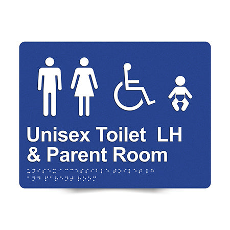 Braille Sign, Unisex Wheelchair Accessible Toilet LH & Parent Room, 235 x 180mm, Blue/White PVC