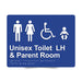 Braille Sign, Unisex Wheelchair Accessible Toilet LH & Parent Room, 235 x 180mm, Blue/White PVC