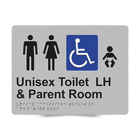 Braille Sign, Unisex Wheelchair Accessible Toilet LH & Parent Room, 235 x 180mm, Silver/Black PVC