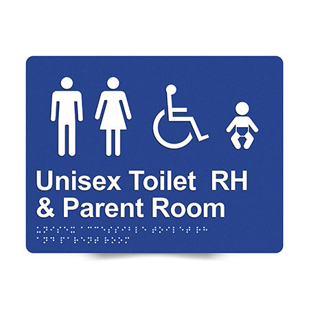 Braille Sign, Unisex Wheelchair Accessible Toilet RH & Parent Room, 235 x 180mm, Blue/White PVC