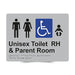 Braille Sign, Unisex Wheelchair Accessible Toilet RH & Parent Room, 235 x 180mm, Silver/Black PVC