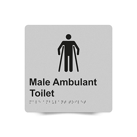 Braille Sign, Male Ambulant Toilet, 180 x 180mm, Silver/Black PVC