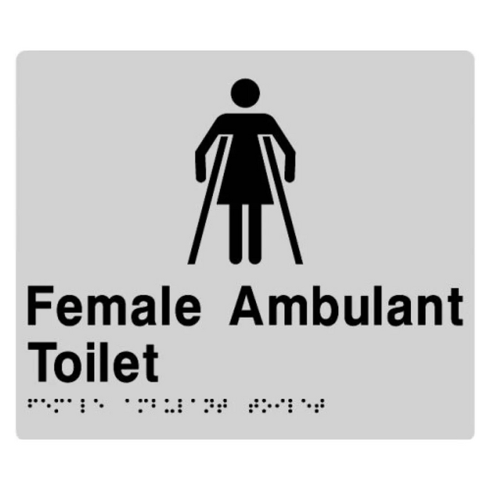 Braille Sign, Female Ambulant Toilet, 180 x 180mm, Silver/Black PVC