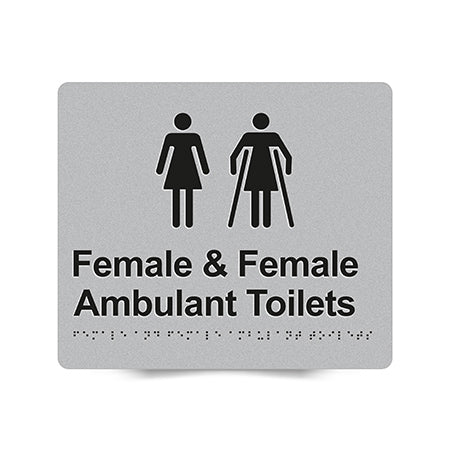 Braille Sign, Female Toilet & Female Ambulant Toilet, 210 x 180mm, Silver/Black PVC