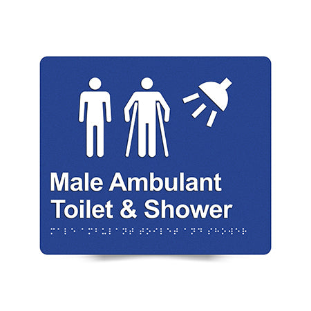 Braille Sign, Male Ambulant Toilet & Shower, 210 x 180mm, Blue/White PVC