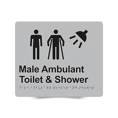 Braille Sign, Male Ambulant Toilet & Shower, 210 x 180mm, Silver/Black PVC