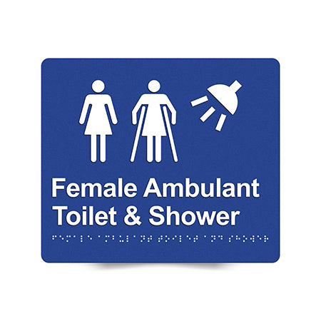 Braille Sign, Female Ambulant Toilet & Shower, 210 x 180mm, Blue/White PVC