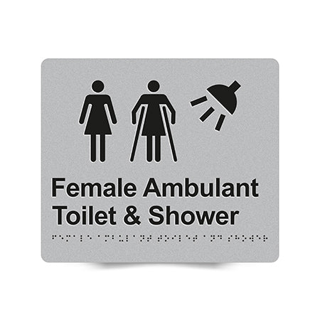 Braille Sign, Female Ambulant Toilet & Shower, 210 x 180mm, Silver/Black PVC