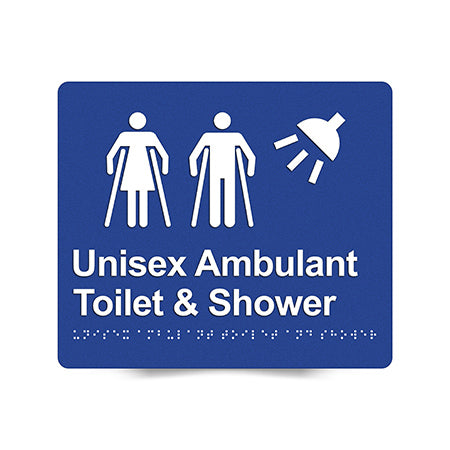 Braille Sign, Unisex Ambulant Toilet & Shower, 210 x 180mm, Blue/White PVC