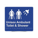 Braille Sign, Unisex Ambulant Toilet & Shower, 210 x 180mm, Blue/White PVC