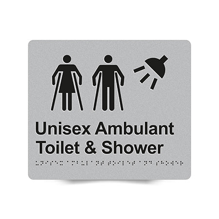 Braille Sign, Unisex Ambulant Toilet & Shower, 210 x 180mm, Silver/Black PVC