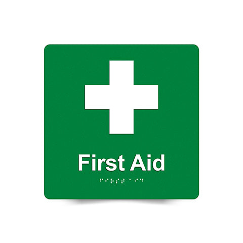 Braille Sign, First Aid, 180 x 180mm, Green/White PVC
