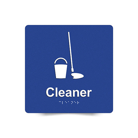 Braille Sign, Cleaner, 180 x 180mm, Blue/White PVC
