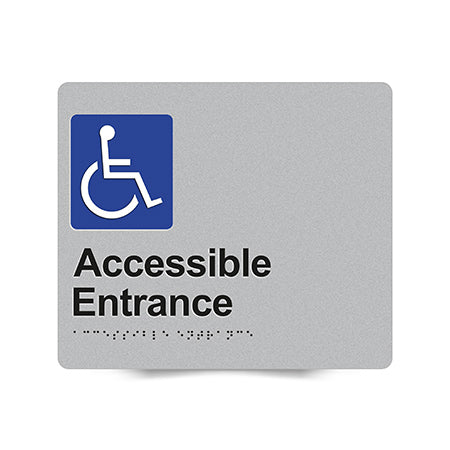 Braille Sign, Wheelchair Accessible Entrance, 210 x 180mm, Silver/Black PVC