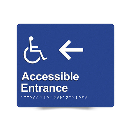 Braille Sign, Wheelchair Accessible Entrance Left, 210 x 180mm, Blue/White PVC