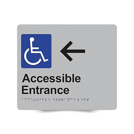 Braille Sign, Wheelchair Accessible Entrance Left, 210 x 180mm, Silver/Black PVC