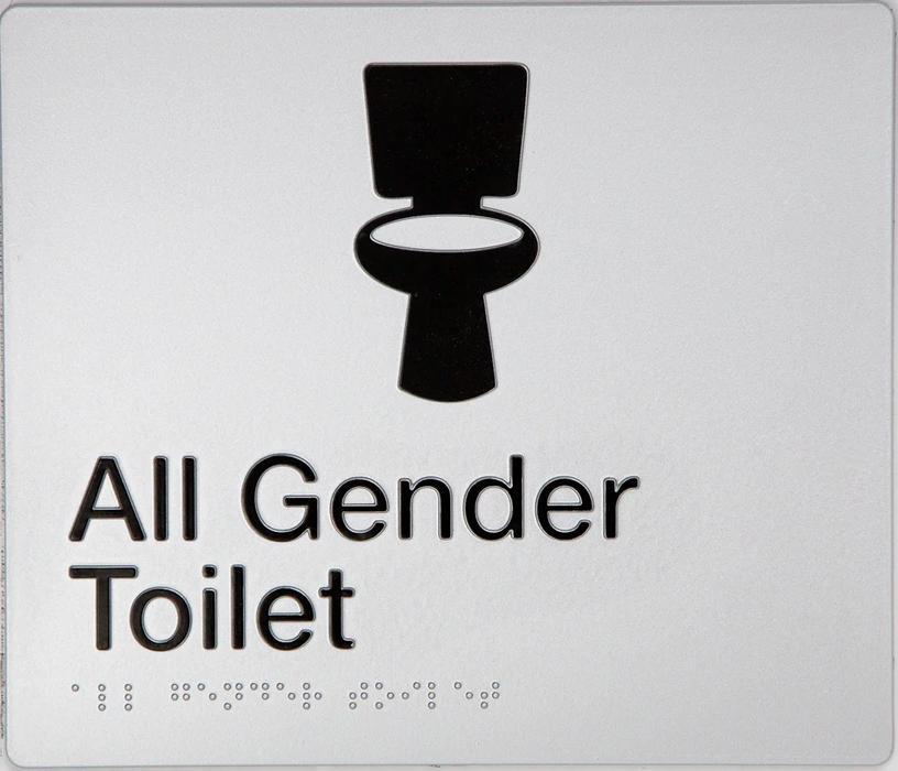 Braille Sign, All Gender Toilet, 210 x 180mm, Silver/Black PVC