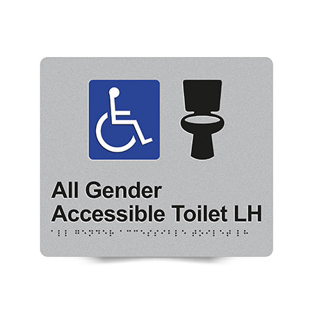 Braille Sign, All Gender Wheelchair Accessible Toilet Left Hand, 210 x 180mm, Silver/Black PVC
