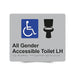 Braille Sign, All Gender Wheelchair Accessible Toilet Left Hand, 210 x 180mm, Silver/Black PVC
