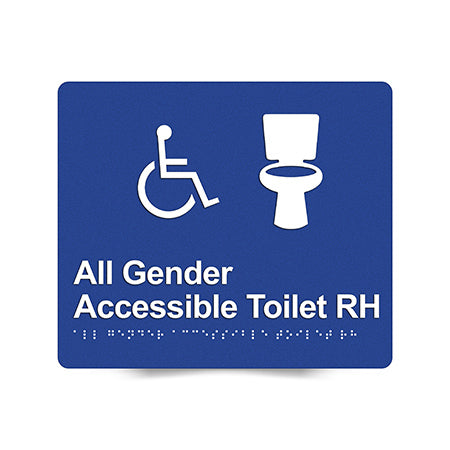 Braille Sign, All Gender Wheelchair Accessible Toilet Right Hand, 210 x 180mm, Blue/White PVC