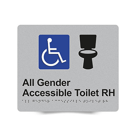 Braille Sign, All Gender Wheelchair Accessible Toilet Right Hand, 210 x 180mm, Silver/Black PVC