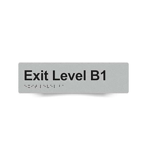 Braille Sign, Exit Level Basement 1, 180 x 50mm, Silver/Black PVC
