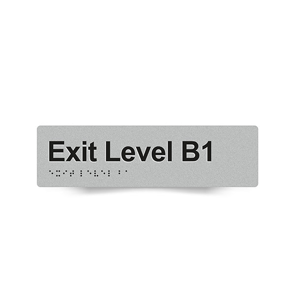 Braille Sign, Exit Level Basement 1, 180 x 50mm, Silver/Black PVC