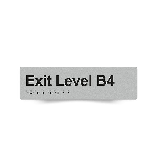Braille Sign, Exit Level Basement 4, 180 x 50mm, Silver/Black PVC
