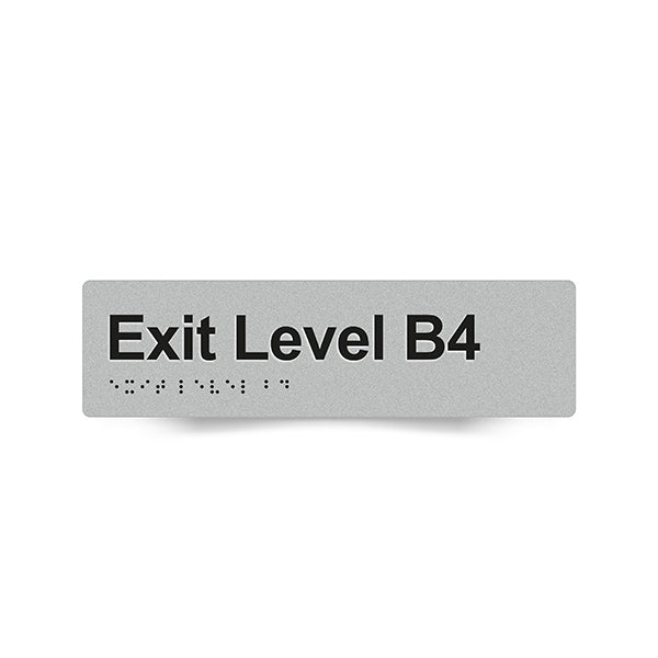 Braille Sign, Exit Level Basement 4, 180 x 50mm, Silver/Black PVC