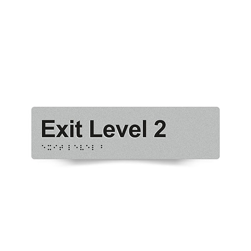 Braille Sign, Exit Level 2, 180 x 50mm, Silver/Black PVC