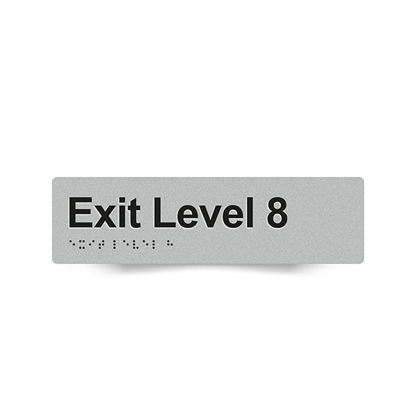 Braille Sign, Exit Level 8, 180 x 50mm, Silver/Black PVC