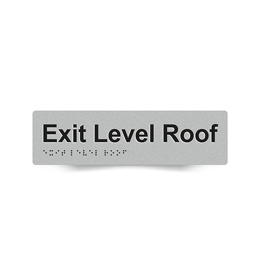 Braille Sign, Exit Level Roof, 180 x 50mm, Silver/Black PVC