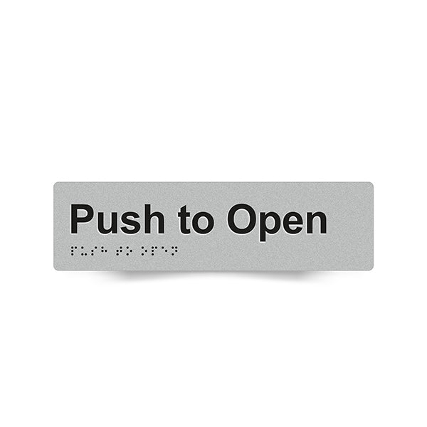 Braille Sign, Push To Open, 180 x 50mm, Silver/Black PVC
