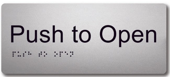 Braille Sign, Push To Open, 180 x 50mm, Silver/Black PVC