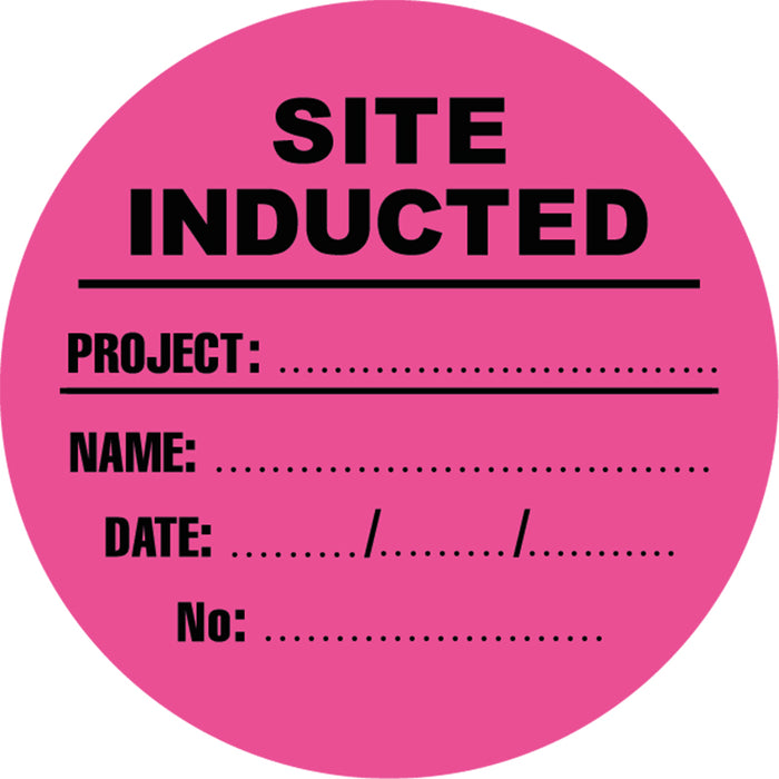 Site Inducted (Project, Name, Date, No), Black/Pink, 50mm Round Hardhat Stickers, Pack/12