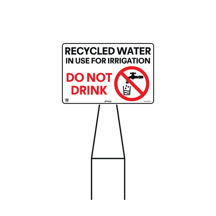 Bull Stake Lawn Sign Kit, Recycled Water In Use For Irrigation Do Not Drink, 695mm Tall, 400 x 300mm