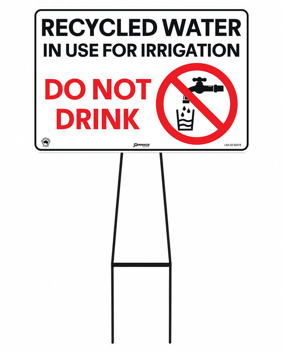 Mega Stake Lawn Sign Kit, Recycled Water In Use For Irrigation Do Not Drink, 855mm Tall, 600 x 400mm