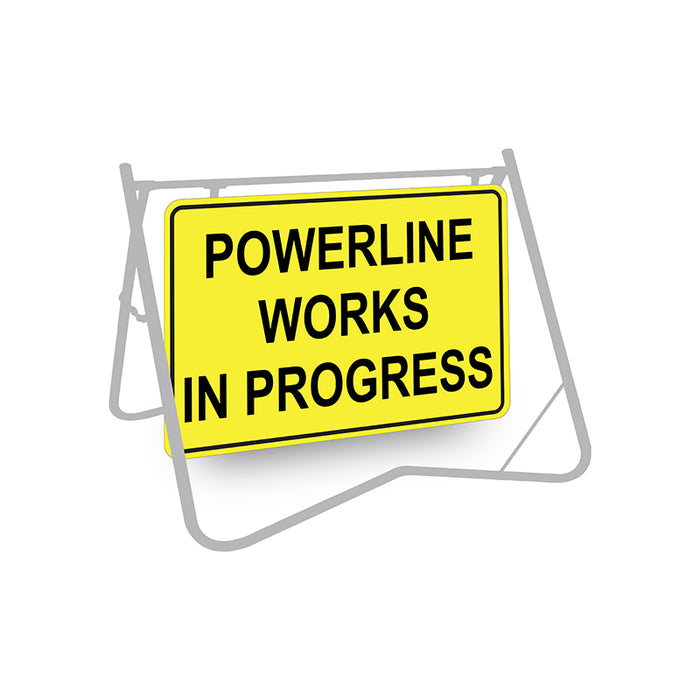 Powerline Works In Progress (Text), 900 x 600mm Metal, Class 1 Reflective, Swing Stand